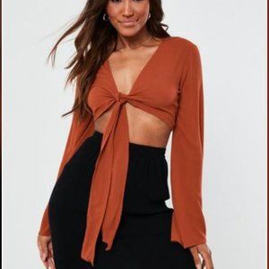 rust crinkle tie front crop top